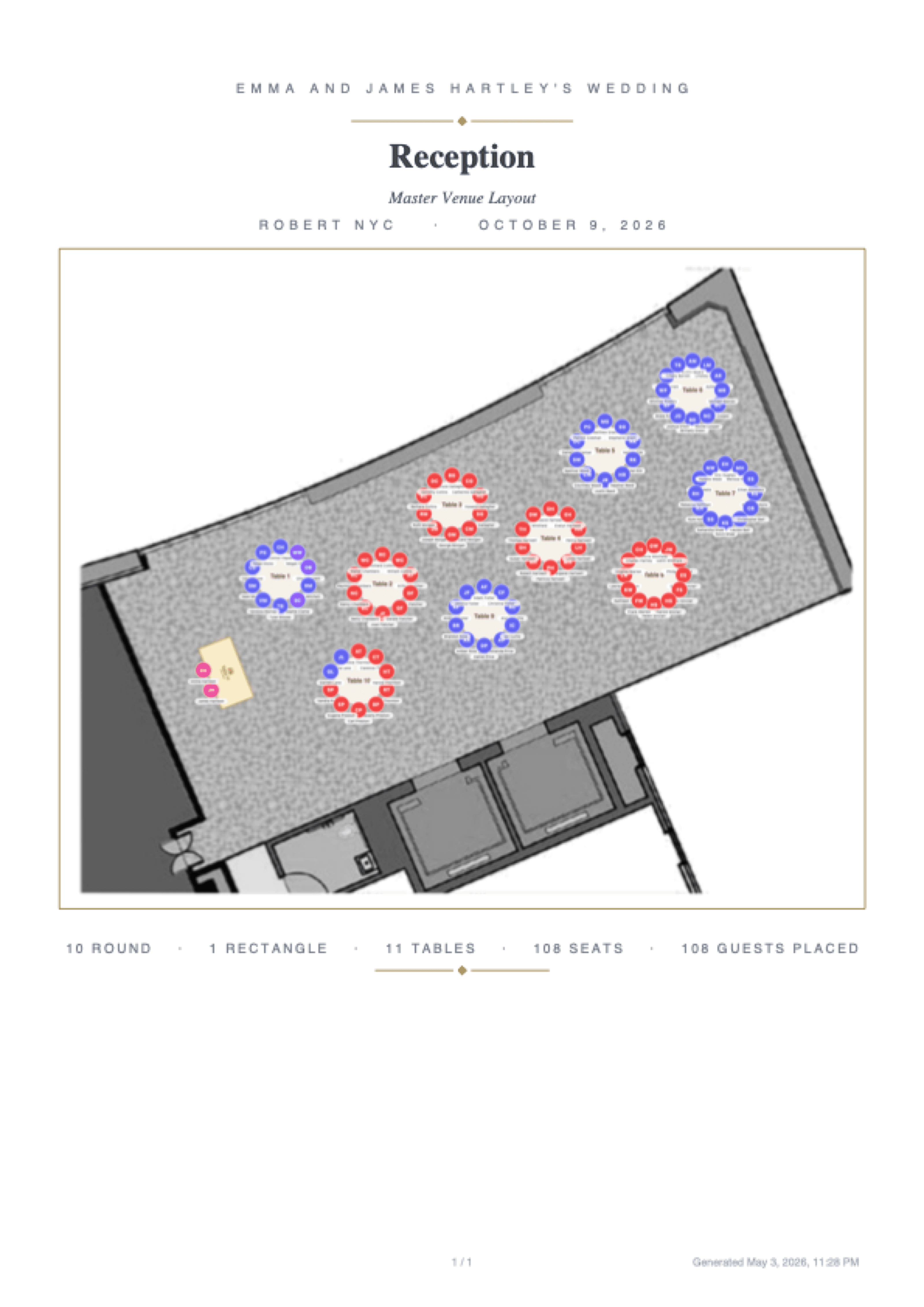 Master Venue Layout PDF for Emma & James Hartley's wedding — wedding-program header with gold ornaments, full floor plan with 11 tables and 108 seated guests